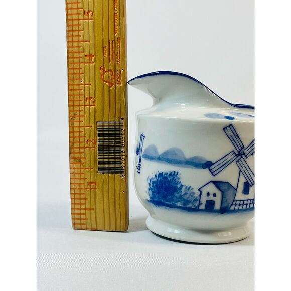 Vintage Windmill Blue White Creamer Milk Pitcher Japan Serving Farmhouse - Picture 9 of 9